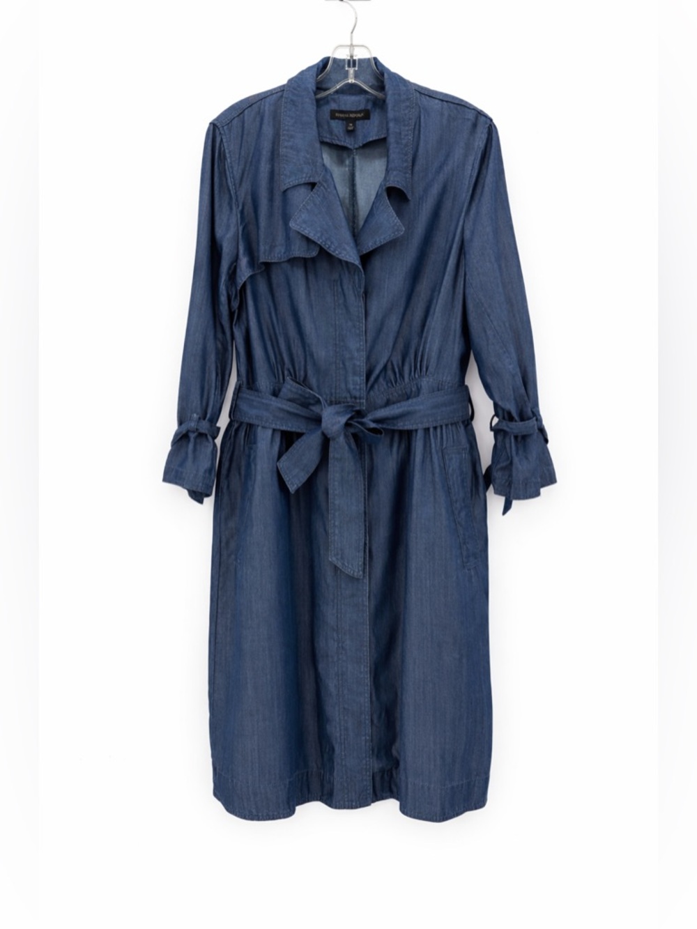 Banana Republic Chambray Denim Trench Coat Dress Belted Blue Lightweight Jacket - Picture 2 of 15